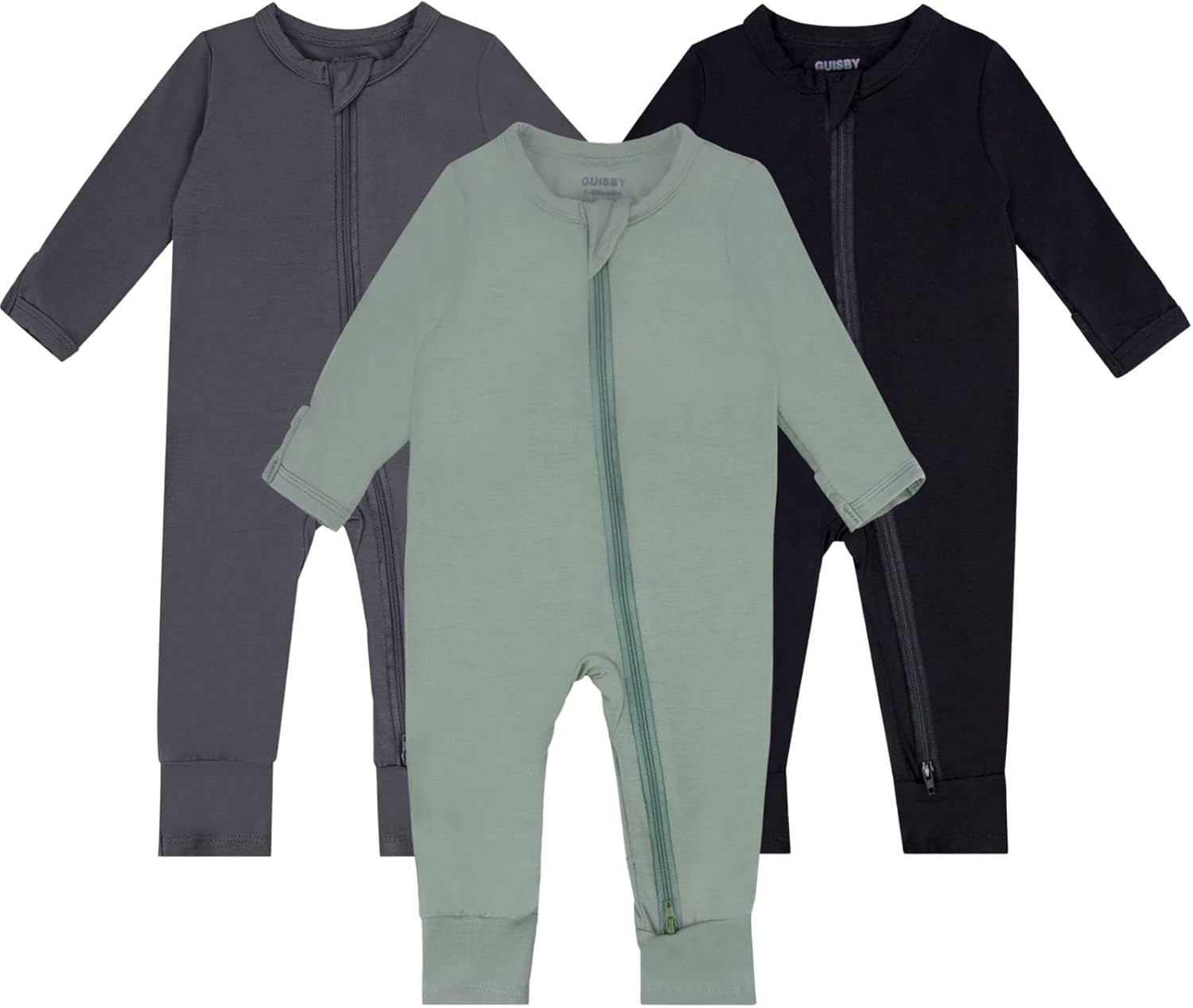 GUISBY Baby Pajamas with Mitten Cuffs - 3Pcs Girls Boys 2 Way Zipper Long Sleeve Rayon Sleepers