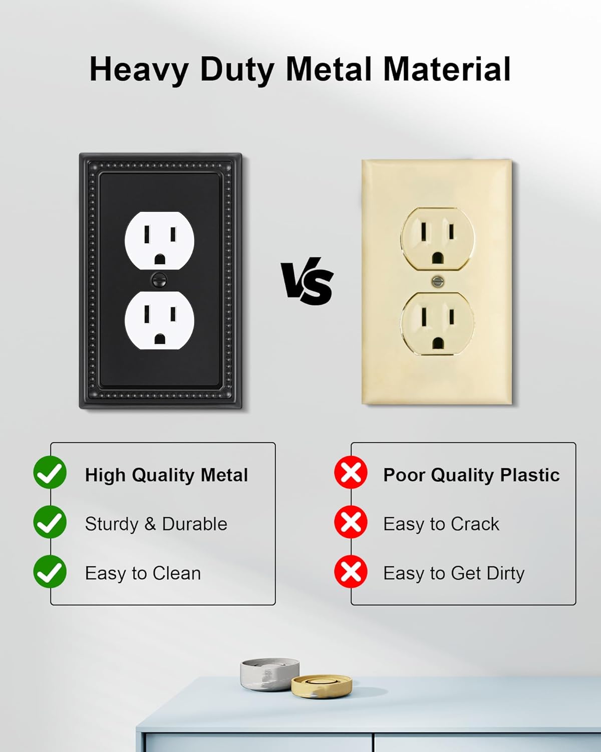 2-Pack Duplex Outlet Cover, Black Metal Wall Plates for Electrical Outlets, 1 Gang Receptacle Light