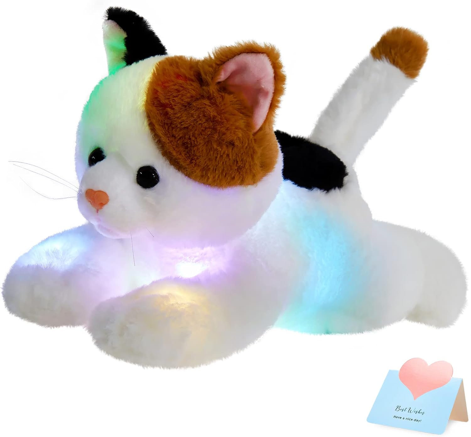 Glow Guards Light up Calico Cat Stuffed Animal LED Soft Kitty Plush Toy Pillow with Night Lights