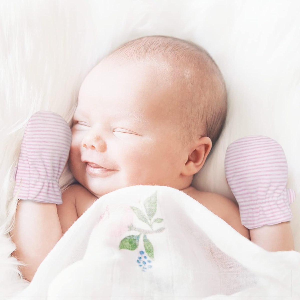 Newborn Baby No Scratch Mittens Stay On, 100% Cotton Breathable, Adjustable Infant Gloves for Baby