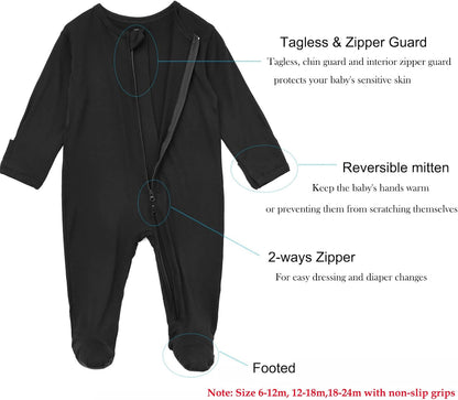 Aablexema Baby Zipper Pajamas Bamboo Rayon, 3pcs Unisex Infant Onesie with Mitten Long Sleeve