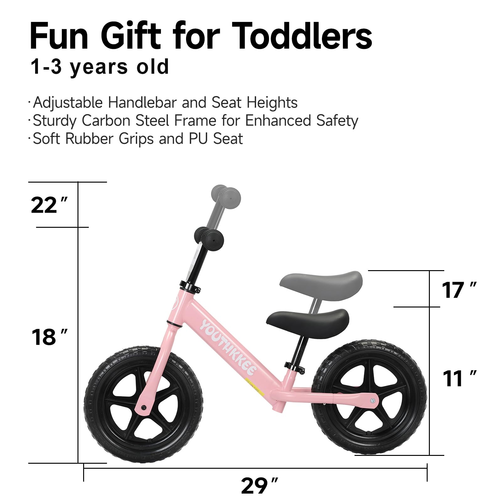 Youthkkee 12 Inch Toddler Balance Bike for 1-3 Year Olds, No-Pedal Bike with Tool-Free Adjustable