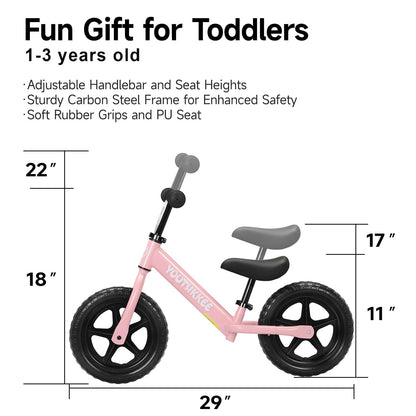 Youthkkee 12 Inch Toddler Balance Bike for 1-3 Year Olds, No-Pedal Bike with Tool-Free Adjustable