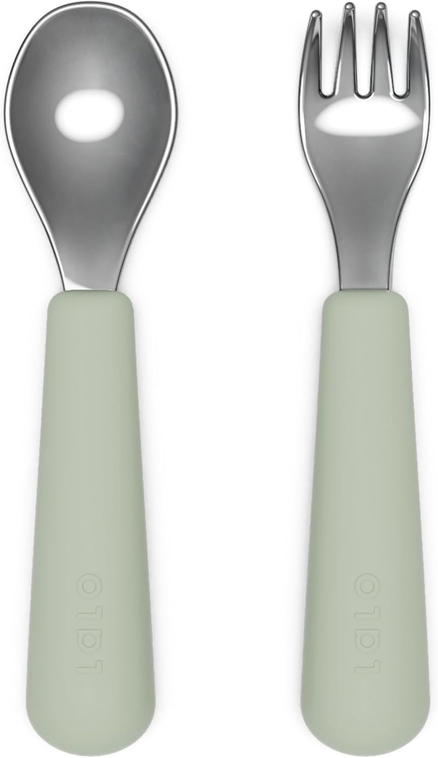 Lalo Utensils - Toddler Fork and Spoon Set - Stainless Steel and Silicone Ergonomic Toddler