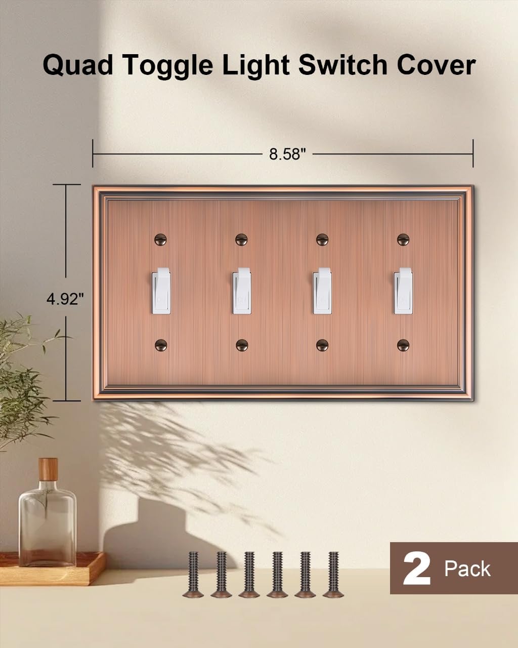 2-Pack Quad Toggle Light Switch Cover Plate, Durable Zinc Alloy Decorative Switch Plate Covers