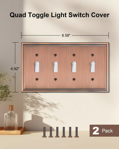 2-Pack Quad Toggle Light Switch Cover Plate, Durable Zinc Alloy Decorative Switch Plate Covers