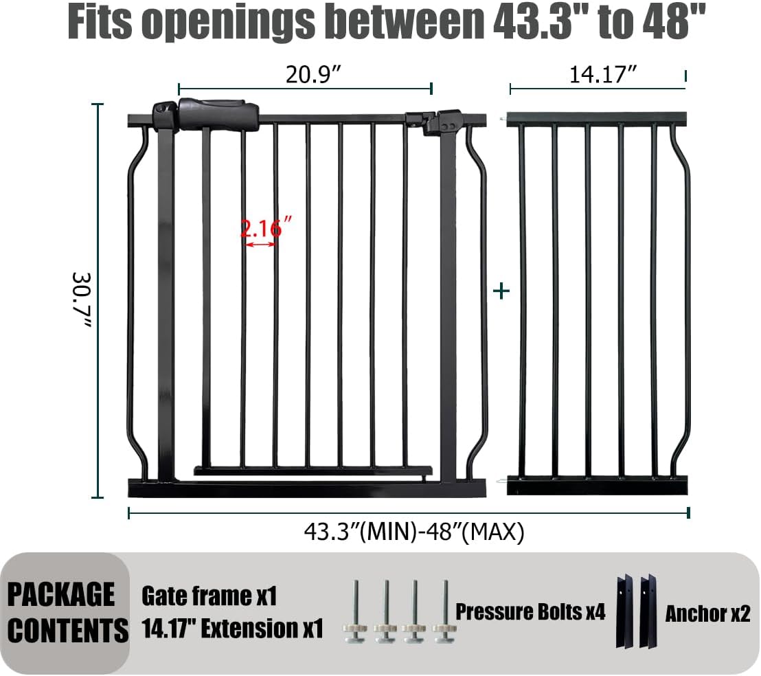 Extra Wide Baby Gate - 43.3-48 Inch Tension Mounted Safety Child & Pet Gate - Black Metal - Walk