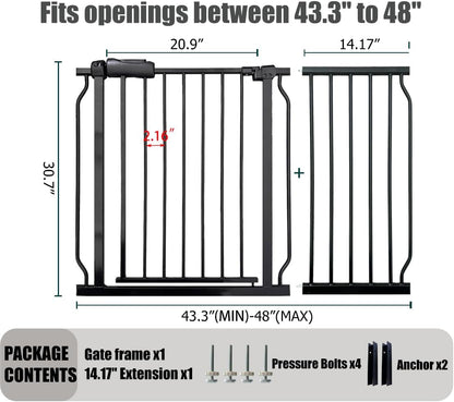 Extra Wide Baby Gate - 43.3-48 Inch Tension Mounted Safety Child & Pet Gate - Black Metal - Walk