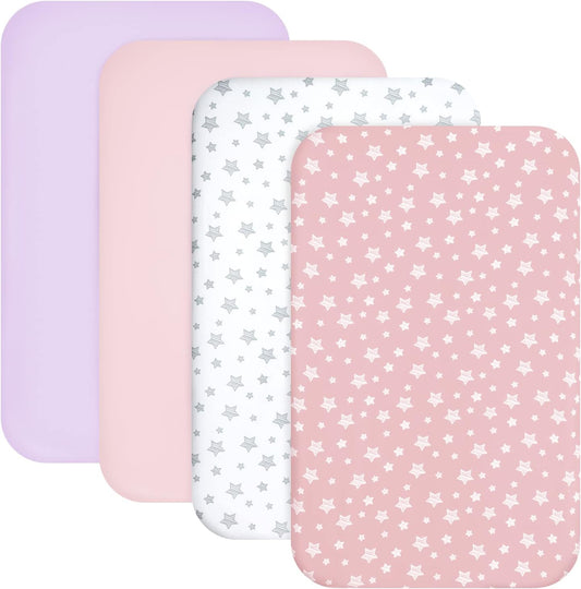 Mini Crib Sheets Fitted 4 Pack for Girls (38" X 24"), Compatible with Dream on Me, Delta Porta Crib