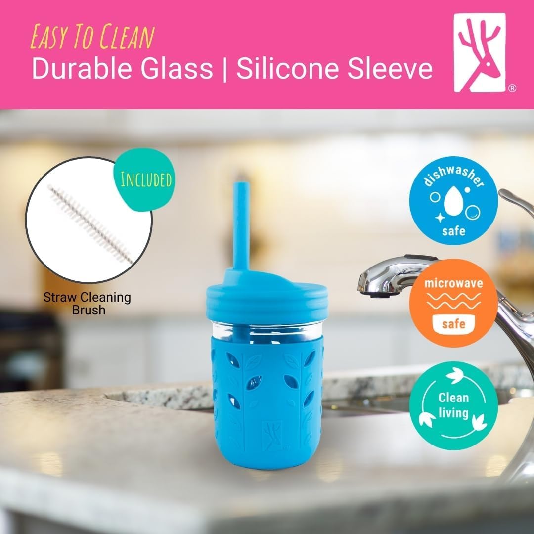 Elk and Friends Kids & Toddler Cups | The Original Glass Mason jars 8 oz with Silicone Sleeves &
