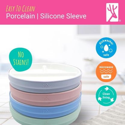 Elk and Friends Kids 7.8” Porcelain Divided Plates with Silicone Sleeves | Suitable for