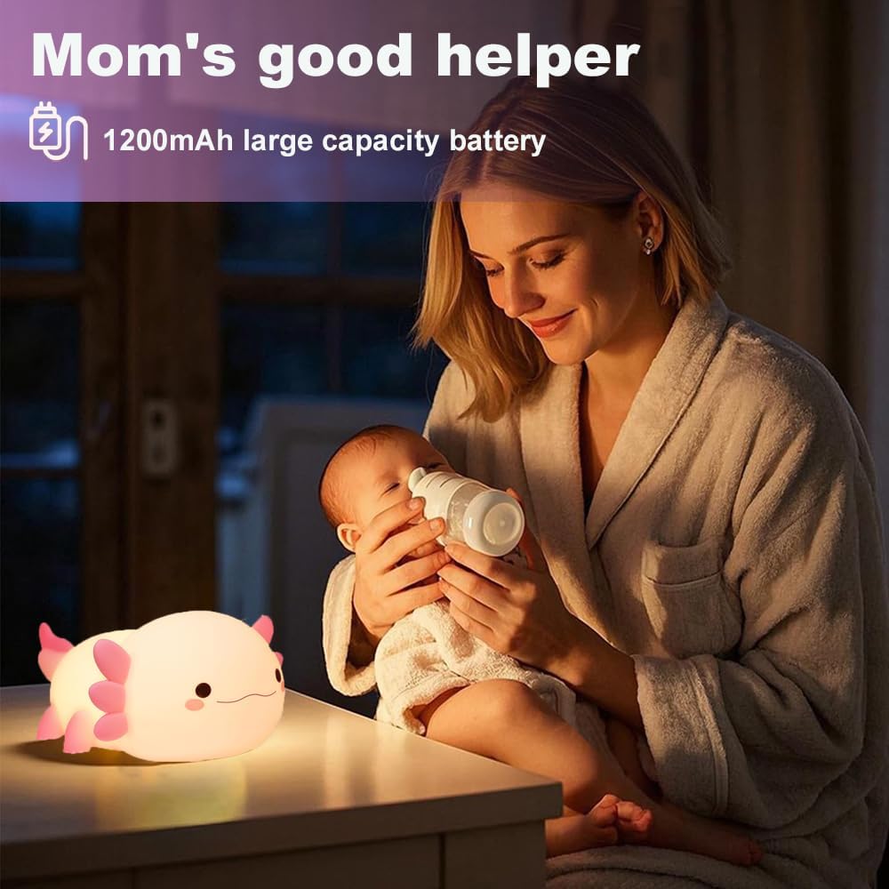 Cute Axolotl Night Light for Kids Bedroom, Animal Silicone Nursery Night Lamp Touch Control