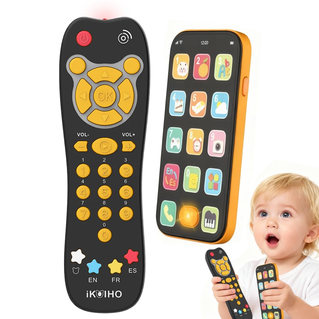 Baby Phone TV Remote Toy Set with Music Light for 6+ Months, Orange
