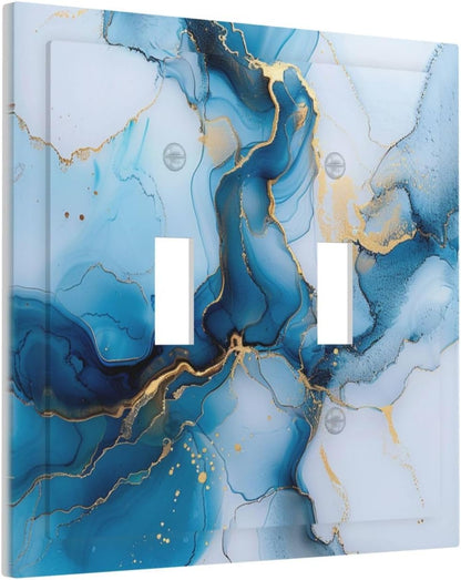 Decorative Switch Covers Plate Modern Abstract Blue Gold Line Marble 2 Gang Wall Plate Unique