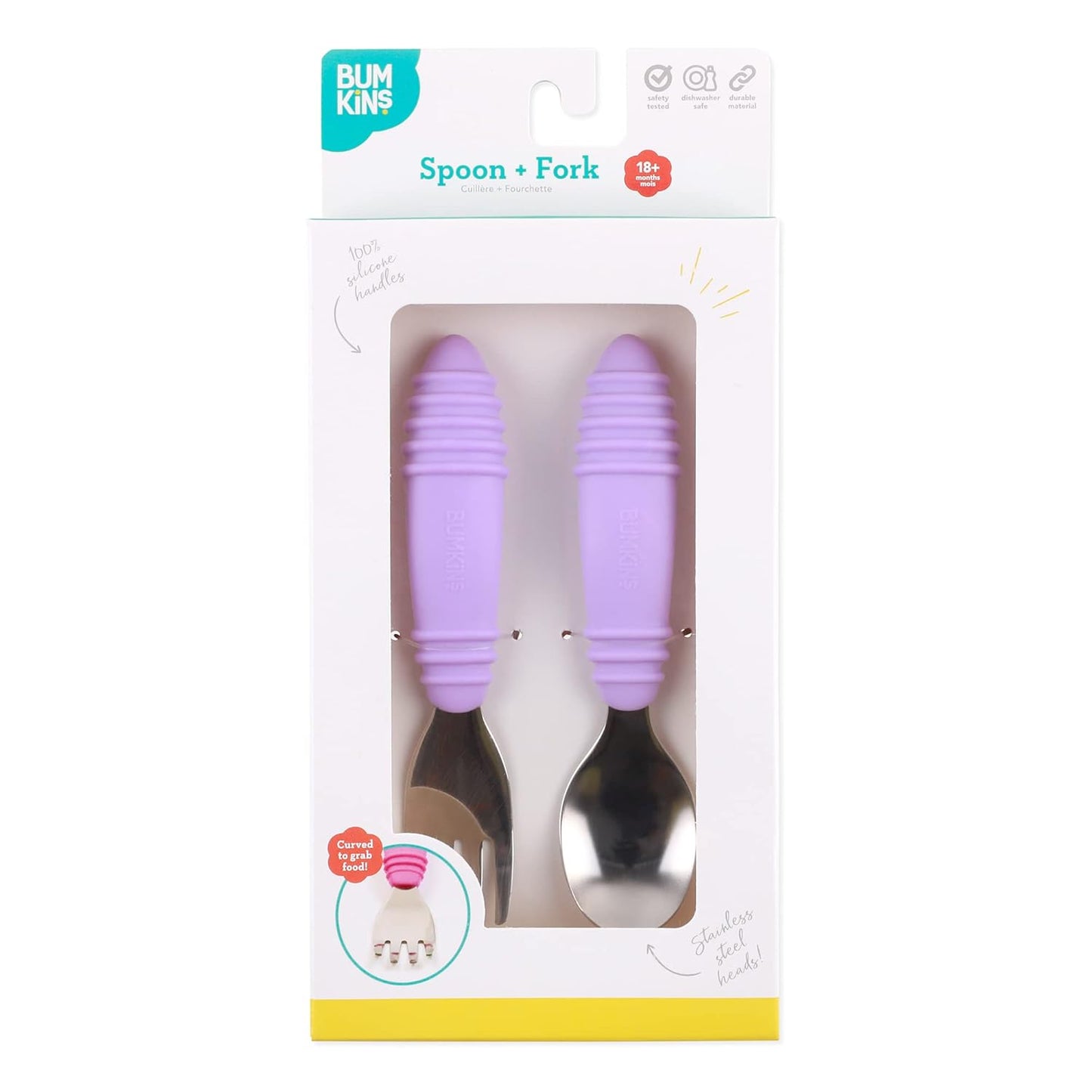 Bumkins Toddler Utensils, Kids Size Fork and Spoon Set, Silicone and Stainless-Steel Training