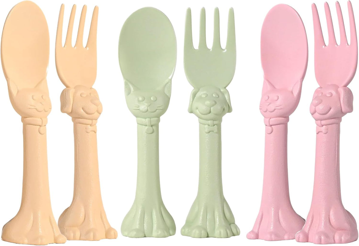 Made in USA Spoon la la Toddler Utensils Set - 6 Pack (3 Spoons & 3 Forks for Kids) - Self-Standing