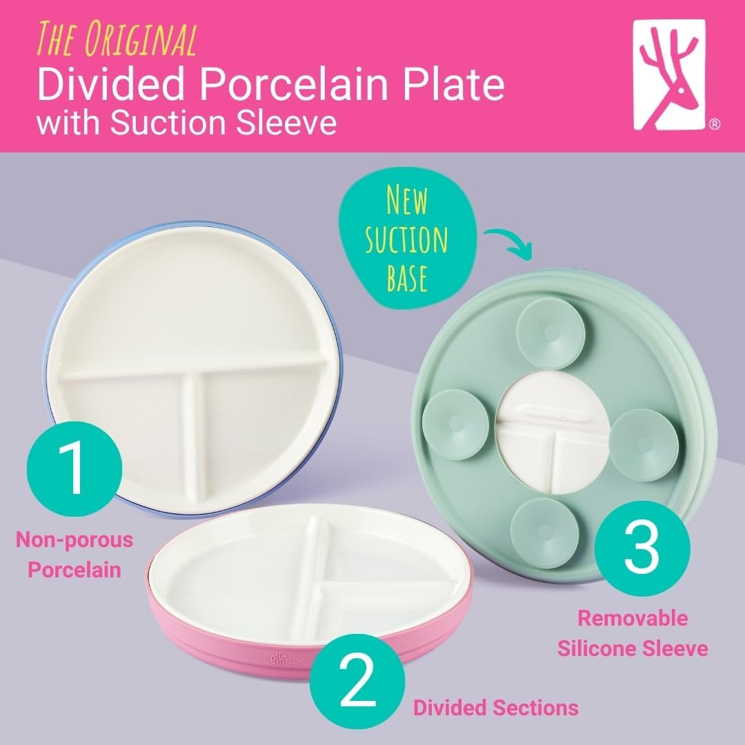 Elk and Friends Kids 7.8” Porcelain Divided Plates with Silicone Suction Sleeves | Suitable for