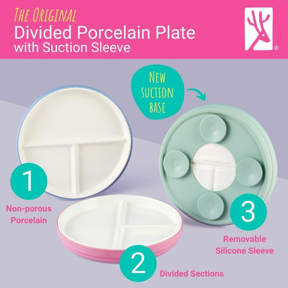 Elk and Friends Kids 7.8” Porcelain Divided Plates with Silicone Suction Sleeves | Suitable for
