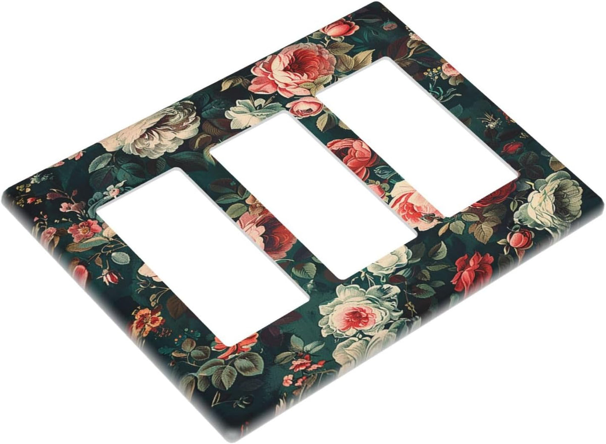 Light Switch Covers Baroque Vintage Peony Flower Floral 3 Gang Rocker Electrical GFCI Decorative