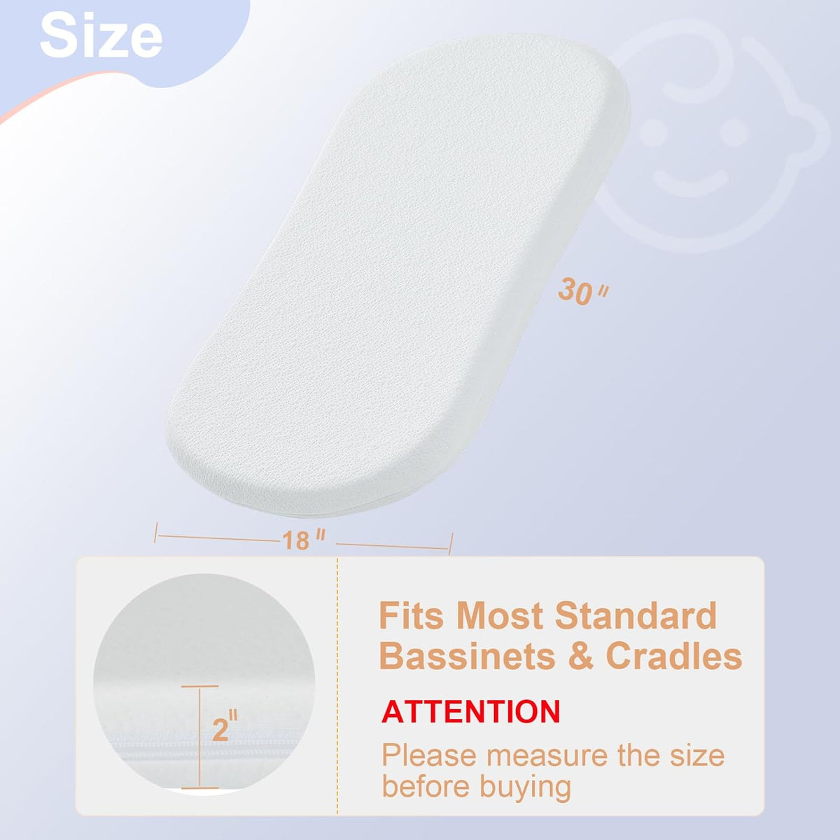 NeoBorn Baby Bassinet Mattress Pad, 30" x 18" Dual Sided Comfort Gel Memory Foam Mattress with