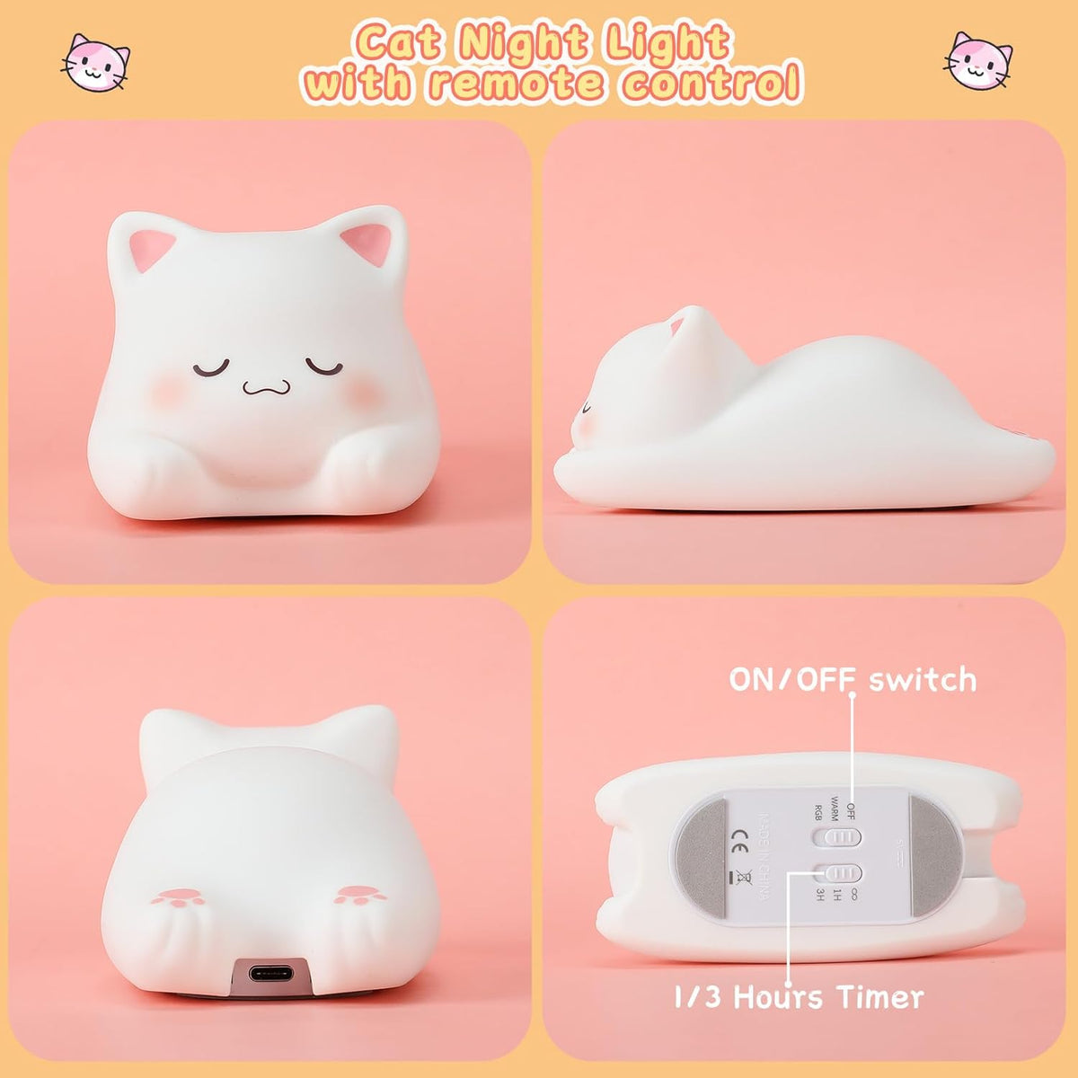LOVERUIS Cute Night Light for Kids Cat Night-Light Baby Girl Squishy NightLight 1/3 Hour Timer