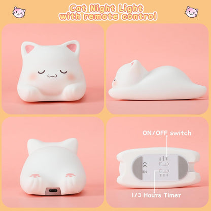 LOVERUIS Cute Night Light for Kids Cat Night-Light Baby Girl Squishy NightLight 1/3 Hour Timer