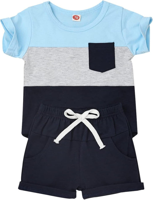 Baby Boy Clothes Toddler Boy Summer Outfits Short Sleeve Patchwork Top T-shirt & Pocket Pant Set 2