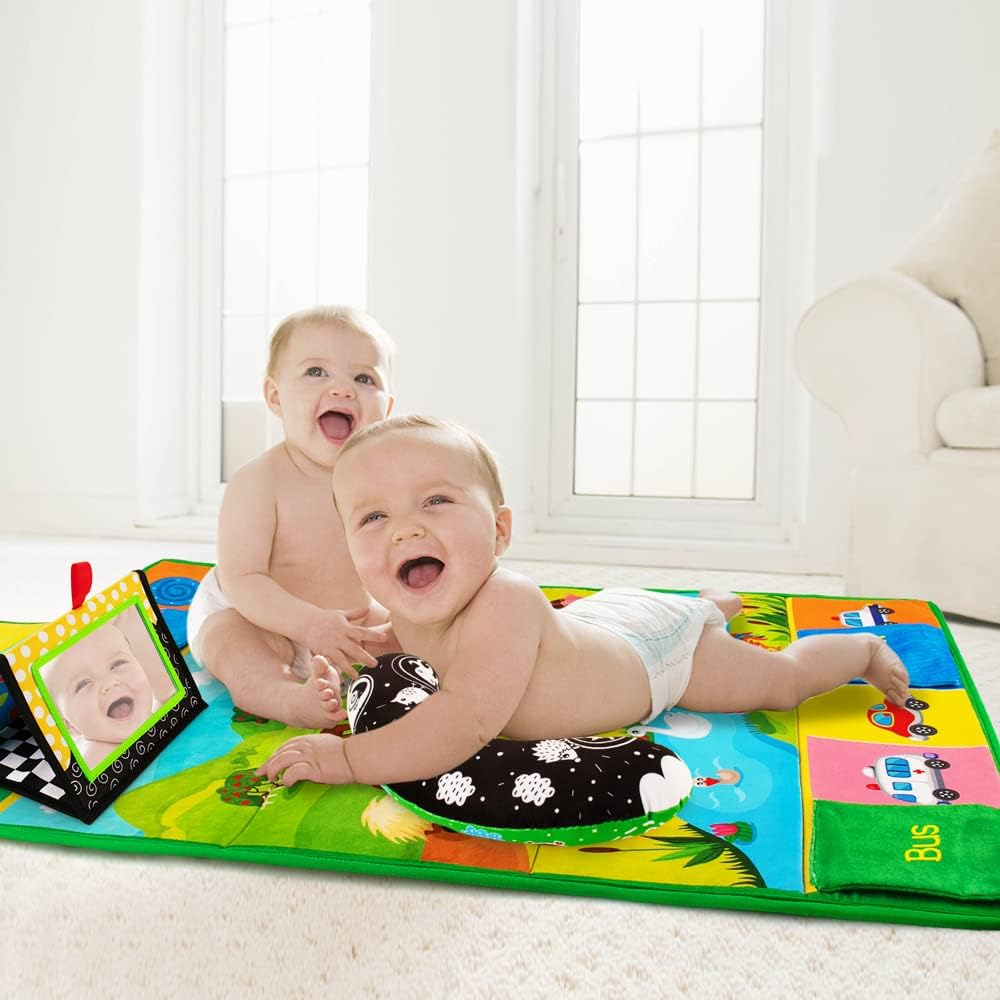 Tummy Time Mirror & Play Mat & Pillow 3-in-1, High Contrast Black and White Baby Toys, Activity Mat
