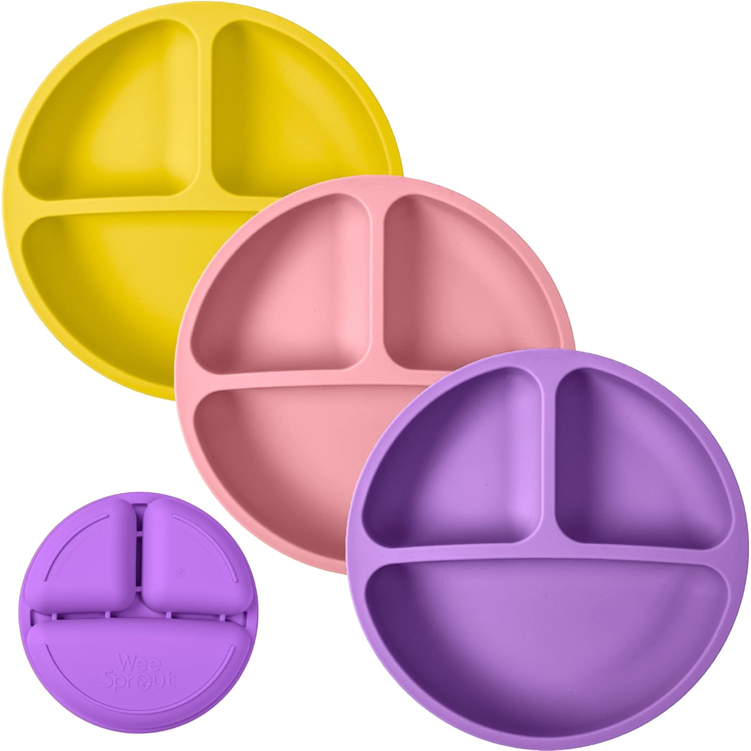 WeeSprout Silicone Plates with Lids for Babies & Toddlers (3 Pack) 100% Food-Grade Dishes for Self