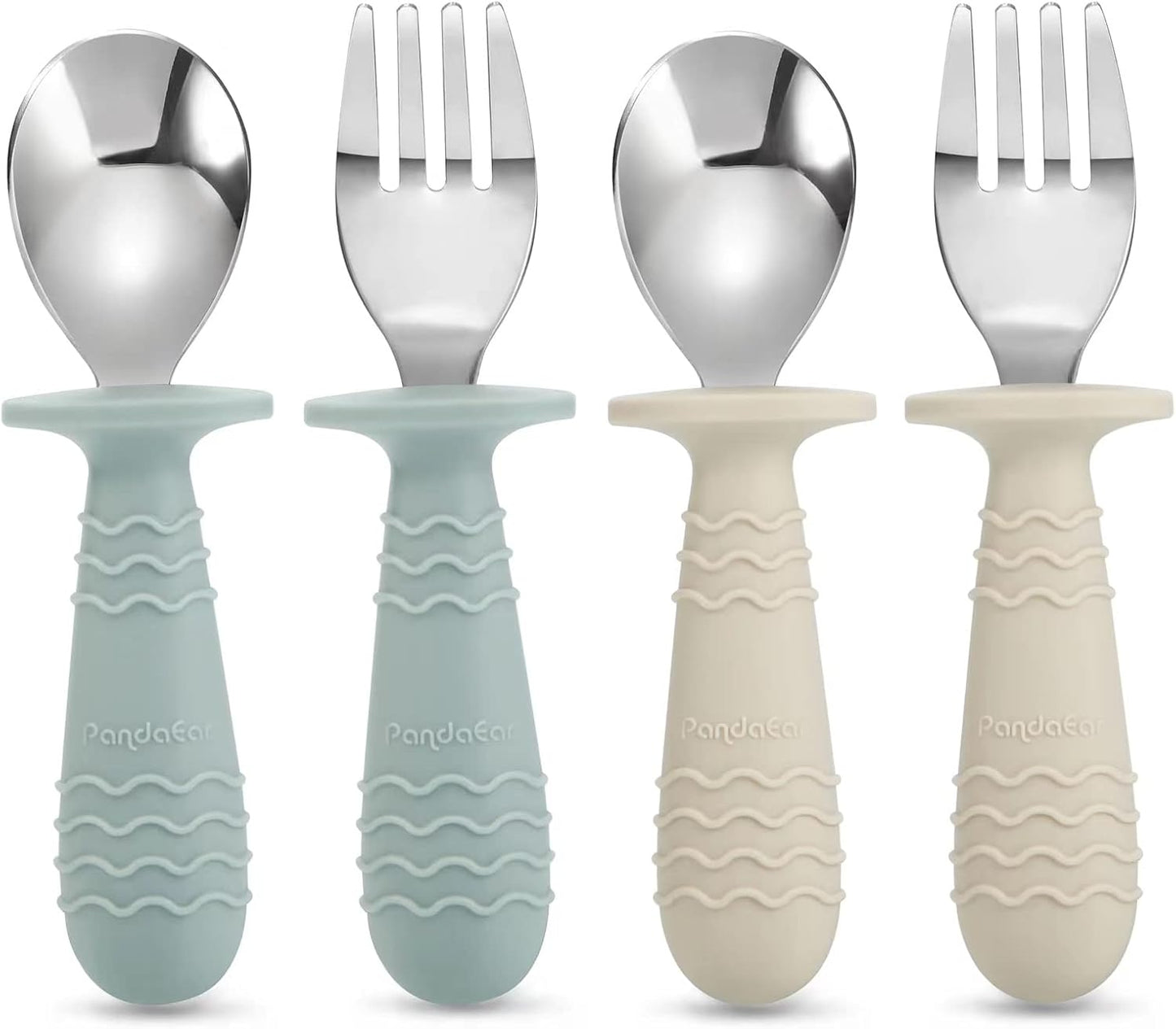 PandaEar 4 Set Baby Toddler Silicone Stainless Steel Utensils Silverware Spoon Fork for Baby