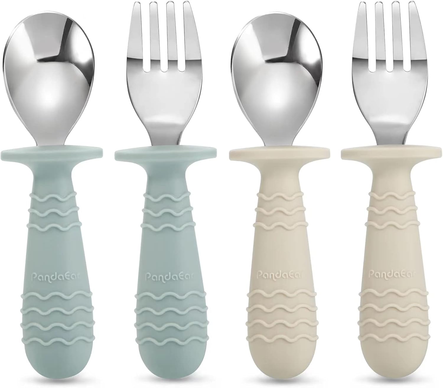 PandaEar 4 Set Baby Toddler Silicone Stainless Steel Utensils Silverware Spoon Fork for Baby