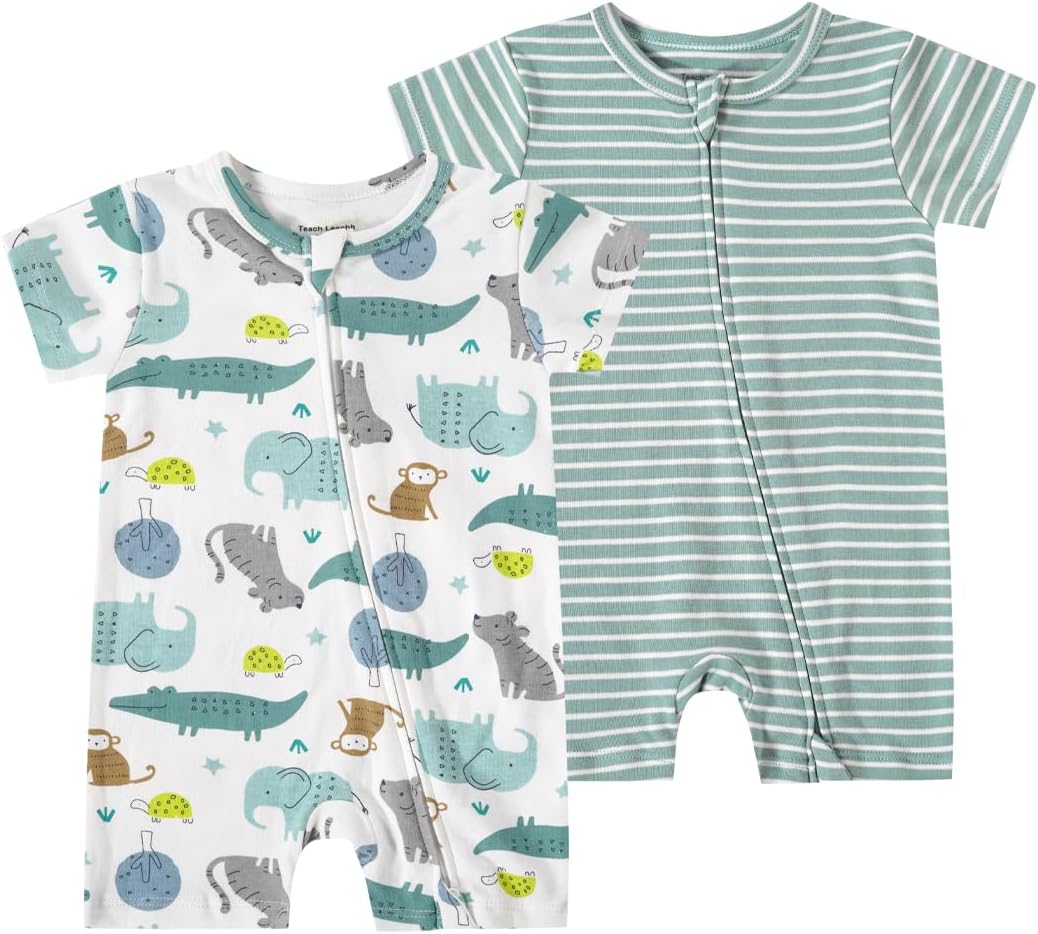 Teach Leanbh Unisex Baby 2 Pack Pajamas Cotton Short Sleeve 2 Way Zipper Printing Soild Romper