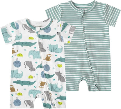 Teach Leanbh Unisex Baby 2 Pack Pajamas Cotton Short Sleeve 2 Way Zipper Printing Soild Romper