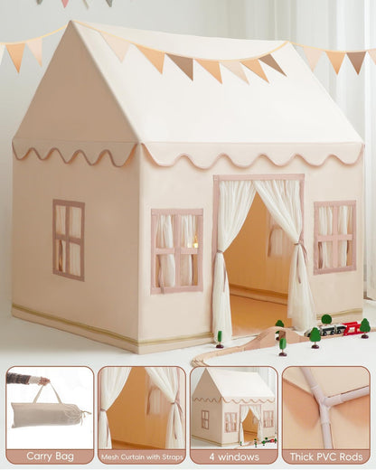 Large Kids Tent Playhouse Base Fabric with Star Lights, Flags and Tote Bags, Kids Play Tent Indoor