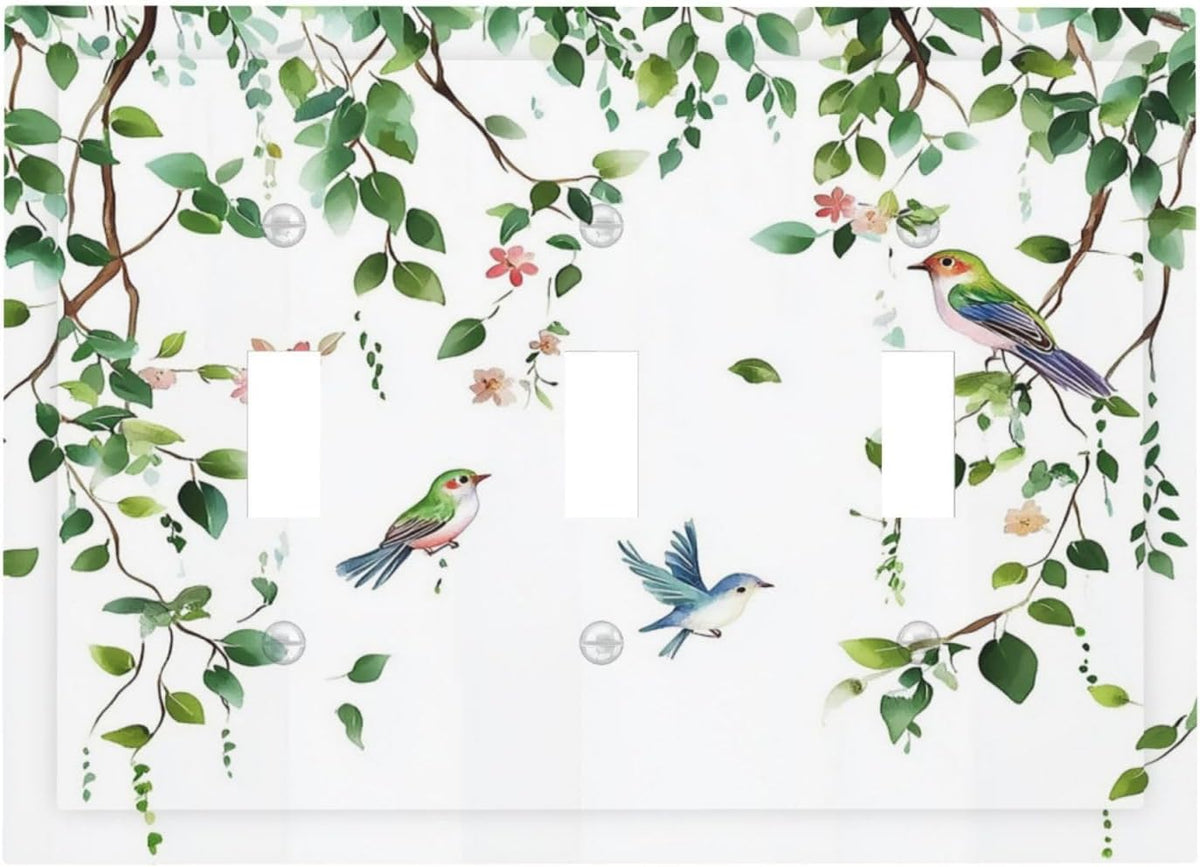 Decorative Switch Plates Green Leaves Bird Eucalyptus Sage Plant 3 Gang Wall Plate Triple Toggle