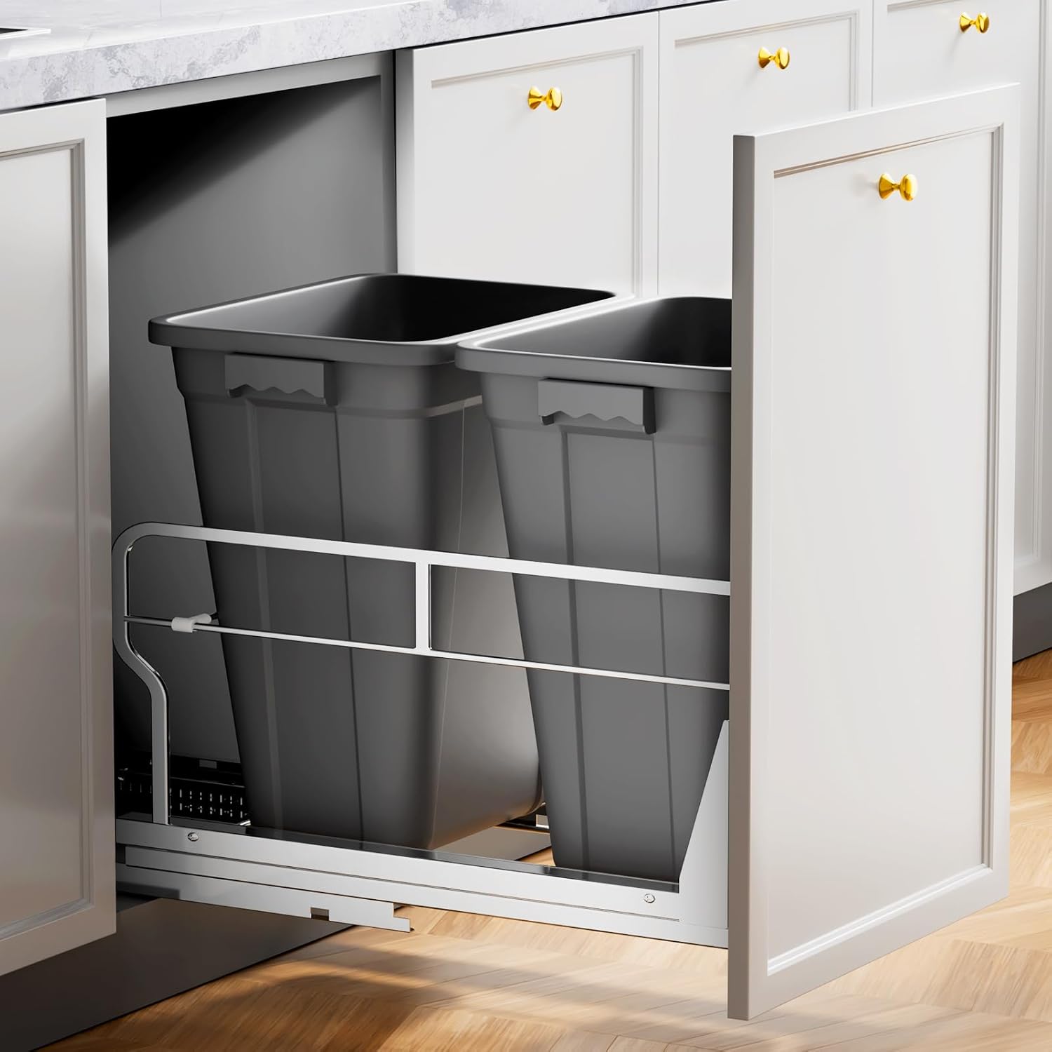 Insputer Double 40QT Pull Out Trash Can Under Cabinet, Heavy Duty Under Sink Garbage Bin Kit with