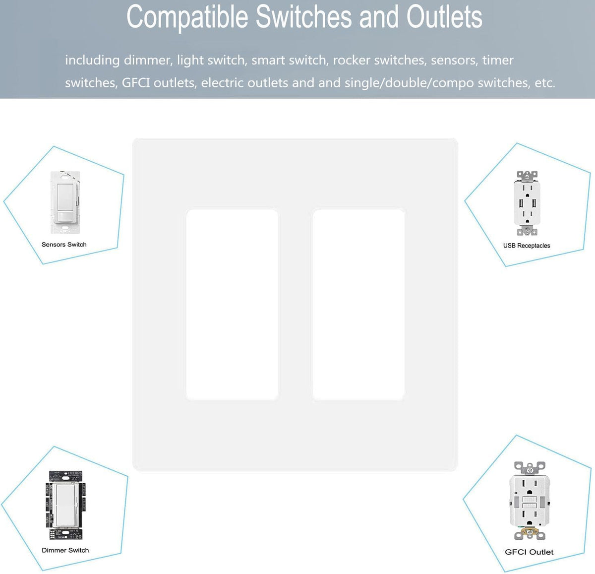 2-Gang Screwless Decora Wall Plate Cover Double Switch Outlet Electrical Faceplate for Light