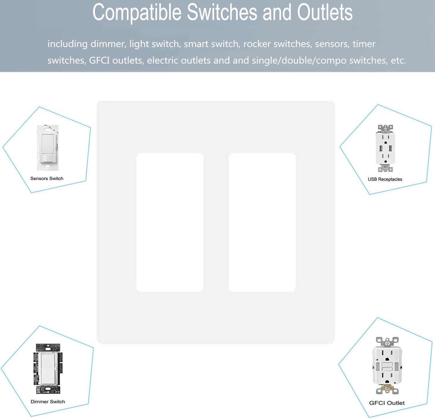 2-Gang Screwless Decora Wall Plate Cover Double Switch Outlet Electrical Faceplate for Light