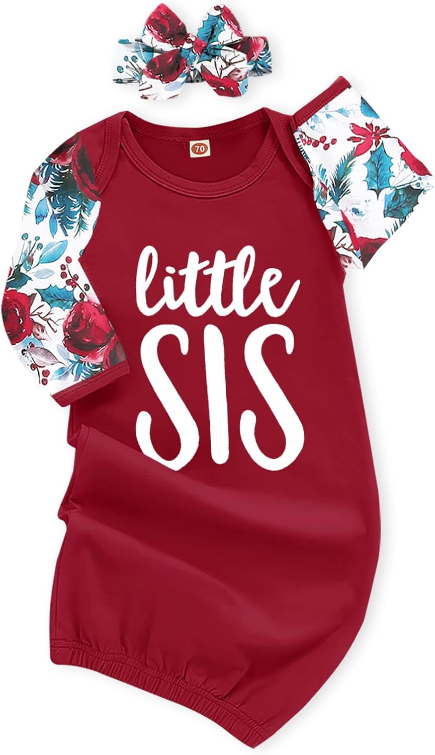 AMAWMW Newborn Baby Girl Little Sister Sleeper Gown Stripe Long Sleeve Nightgown Pajamas Gifts