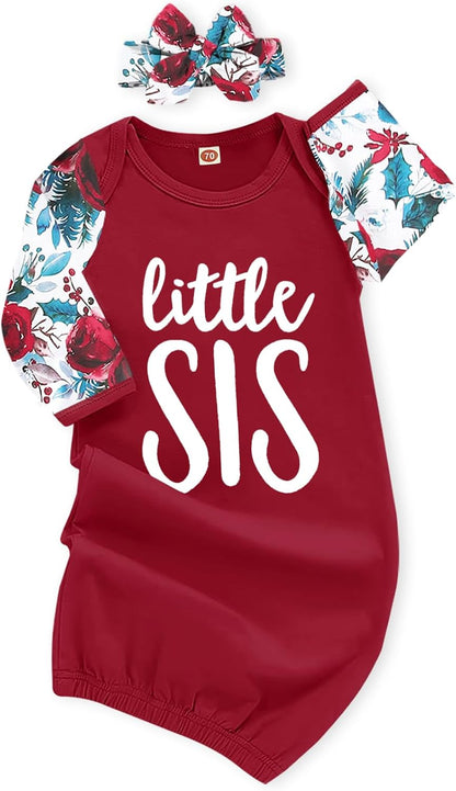 AMAWMW Newborn Baby Girl Little Sister Sleeper Gown Stripe Long Sleeve Nightgown Pajamas Gifts