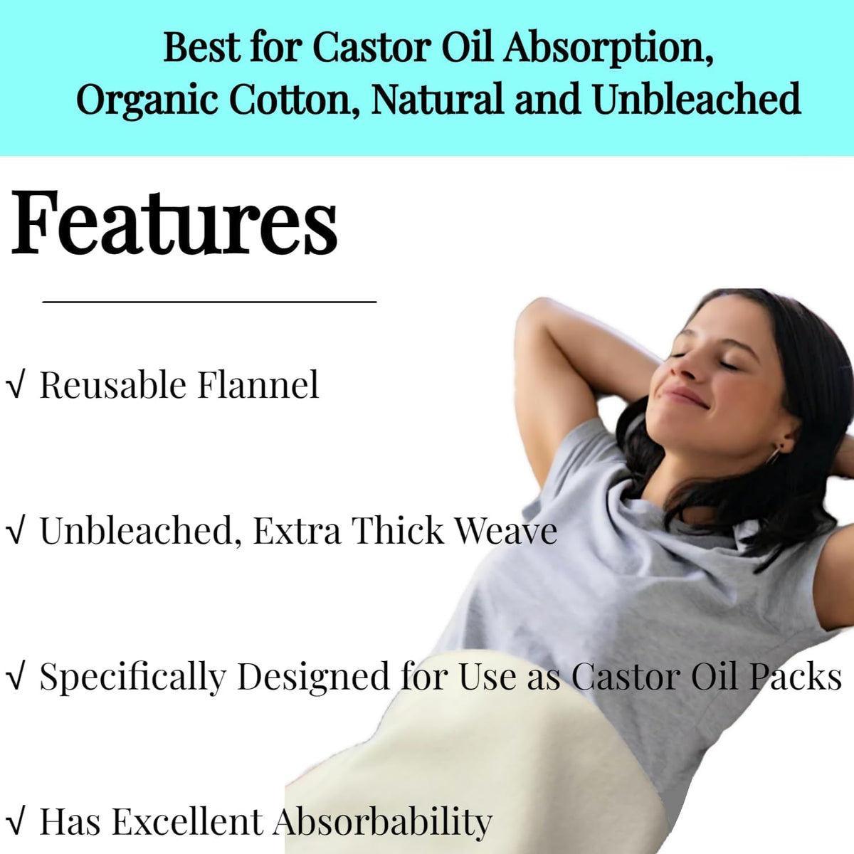 2 Pcs Organic Cotton Flannel for Castor Oil Pack Wrap, Reusable Castor Oil Compress for Liver