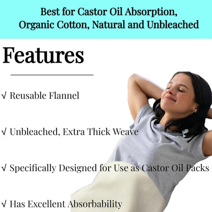 2 Pcs Organic Cotton Flannel for Castor Oil Pack Wrap, Reusable Castor Oil Compress for Liver