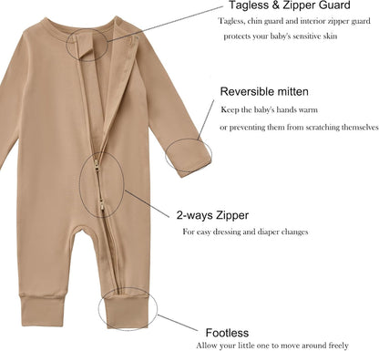 Aablexema 3-Pack Organic Cotton Baby Footless Pajamas with Mitten Cuffs, 2-Way Zipper Romper
