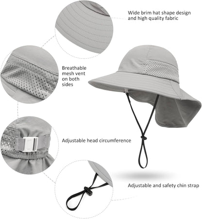 CHUNG Baby Sun Protection Hat Summer Toddler Adjustable UPF 50+ Wide Brim Neck Flap Beach Caps Boys