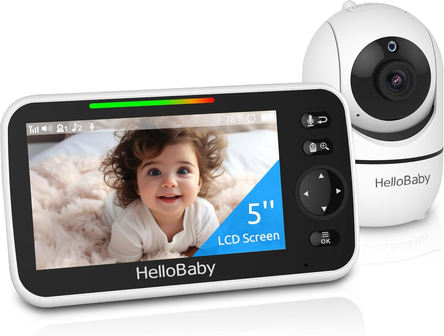 HelloBaby No WiFi Baby Monitor 5" Screen 30-Hour Battery Pan-Tilt-Zoom Video Upgrade with Camera