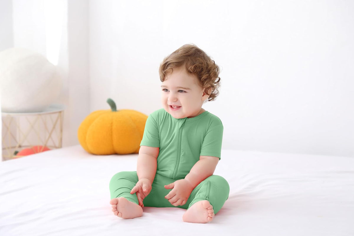 GUISBY Rayon Made from Bamboo Baby Pajamas, Summer Short Sleeve Footless Rompers, 2 Way Zipper