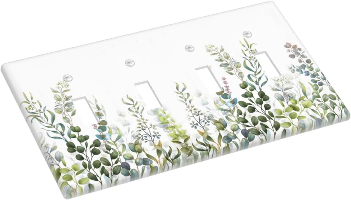 Green Eucalyptus Leaf Plant Herbs Springnature Light Switch Covers Quad Toggle Electrical Faceplate