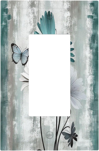 Decorative Outlet Covers Rustic Teal Daisy Floral Flowers Butterfly Wood Grain 1 Gang Single Rocker