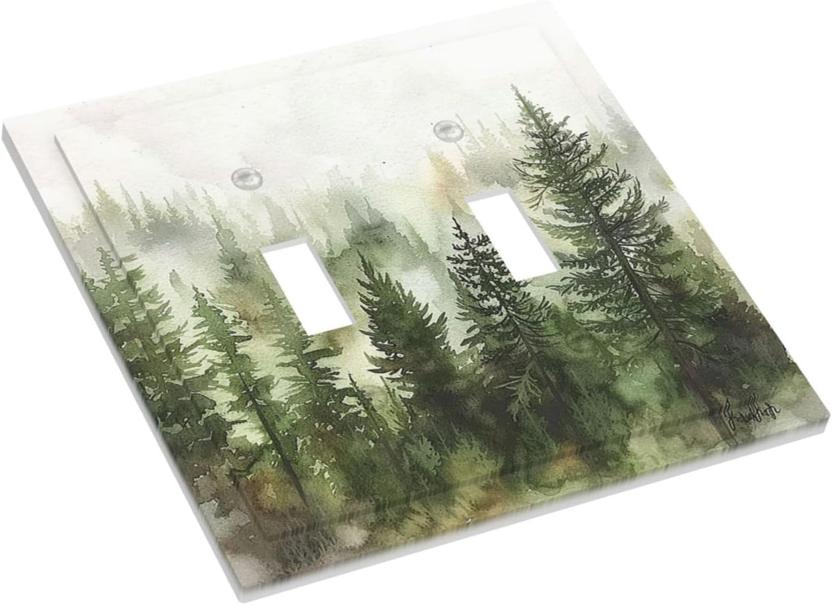Decorative Switch Plates Green Forest Watercolor Painting Foggy Pine 2 Gang Double Toggle Outlet