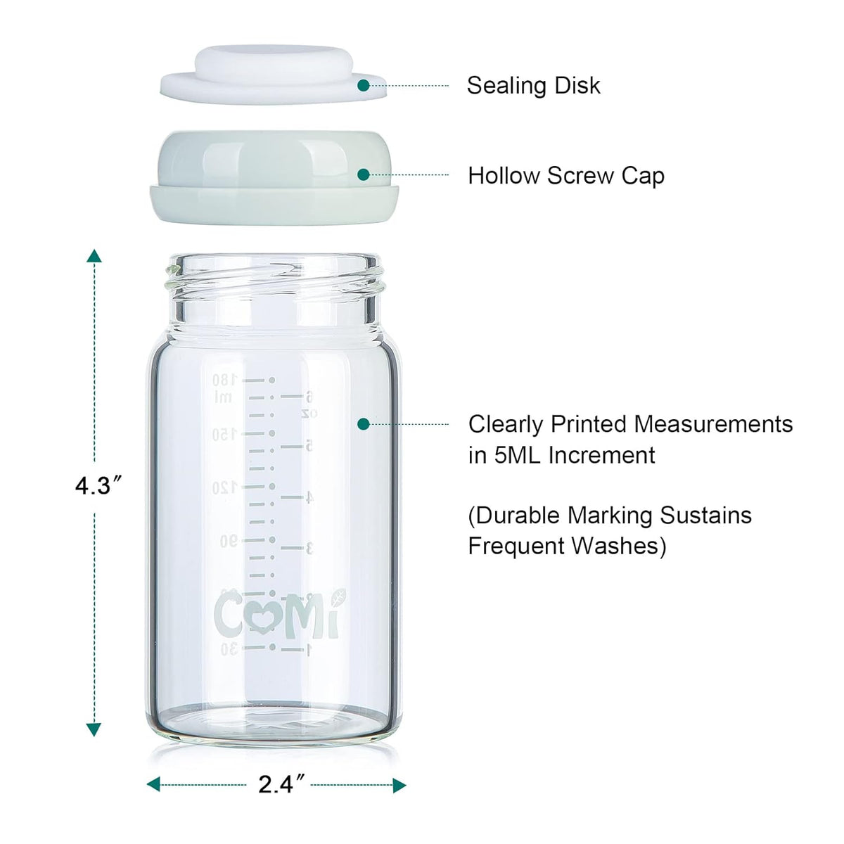 COMI Wide Neck Glass Breastmilk Collection n Storage Bottle, 6oz with Screw Ring Sealing Disk;
